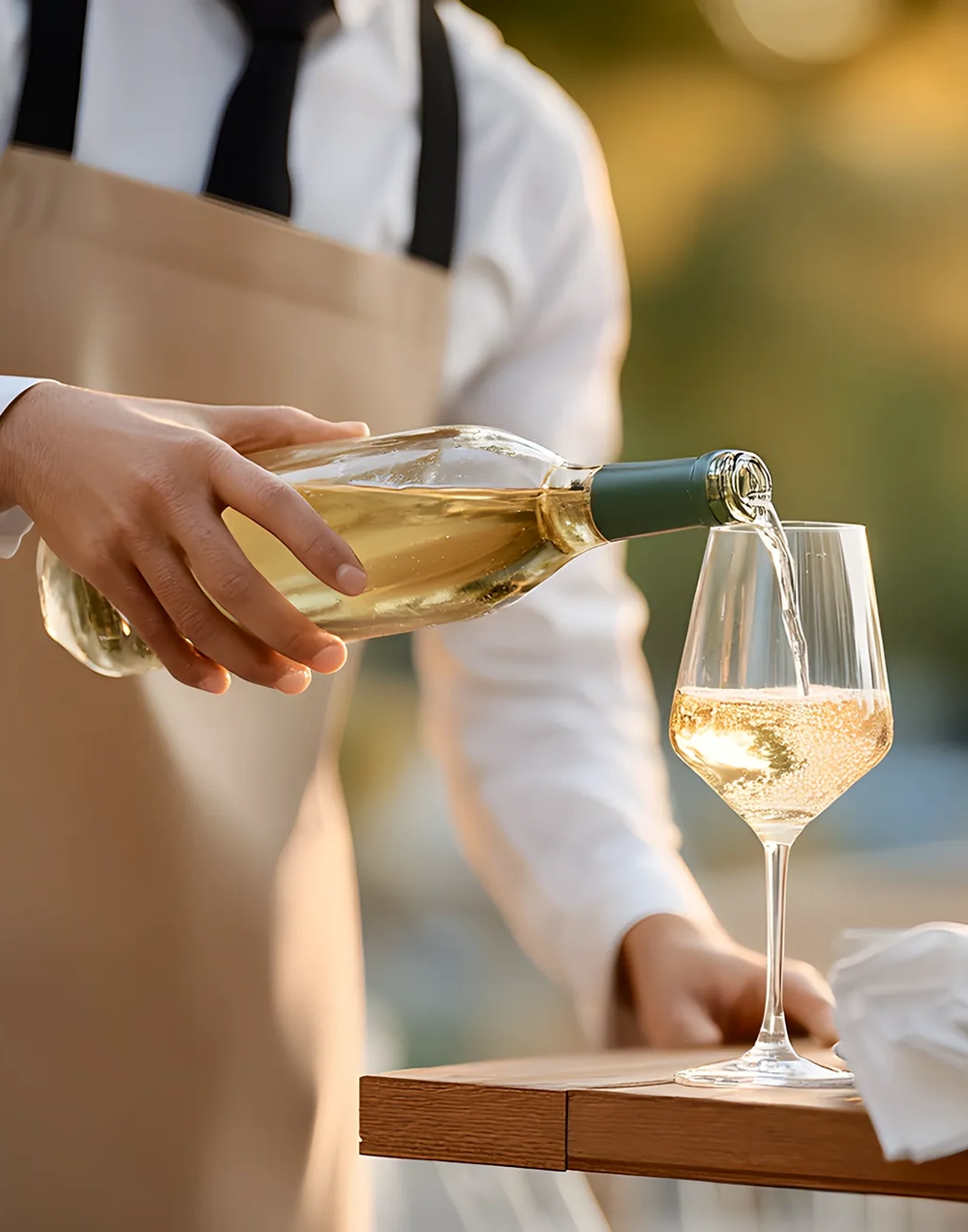 Cameriere che versa vino bianco ligure in un calice