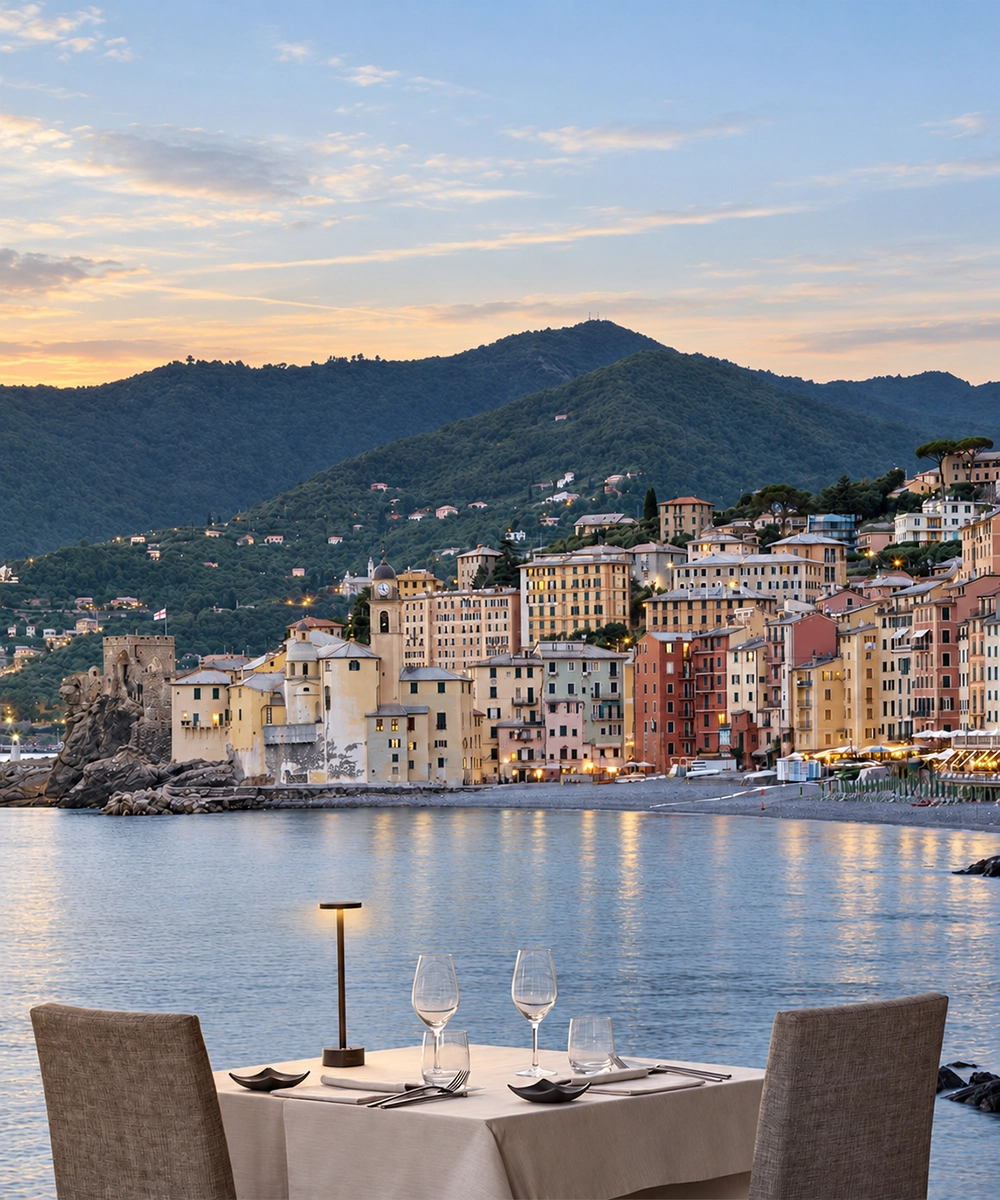 Table at La Playa Restaurant at sunset overlooking Camogli